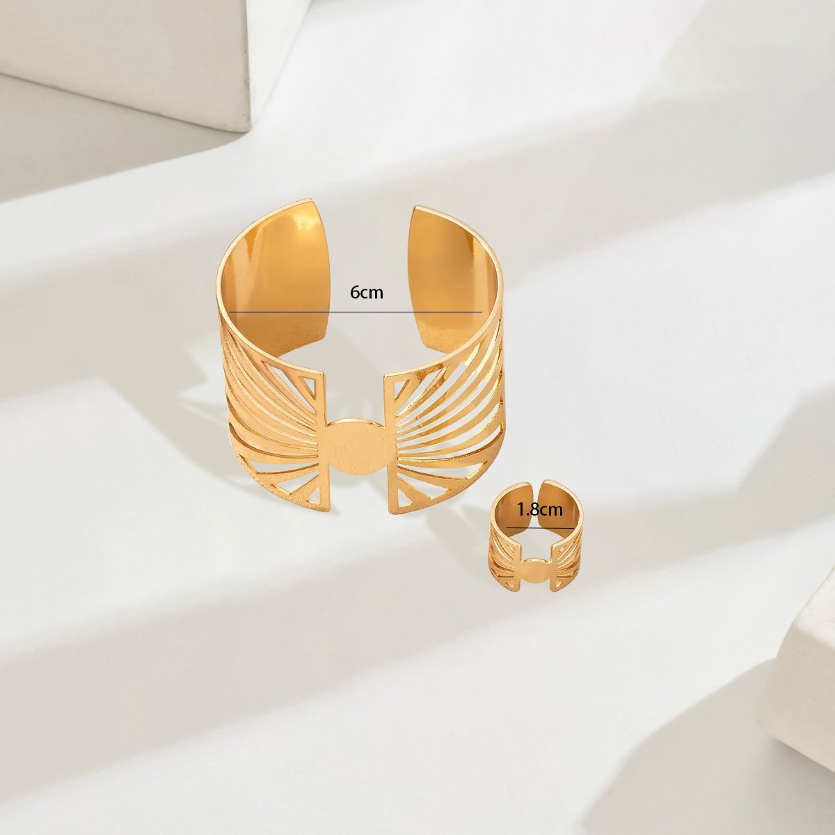 14K Gold Plated Golden Radiance Adjustable Geometric Ring And Cuff Set