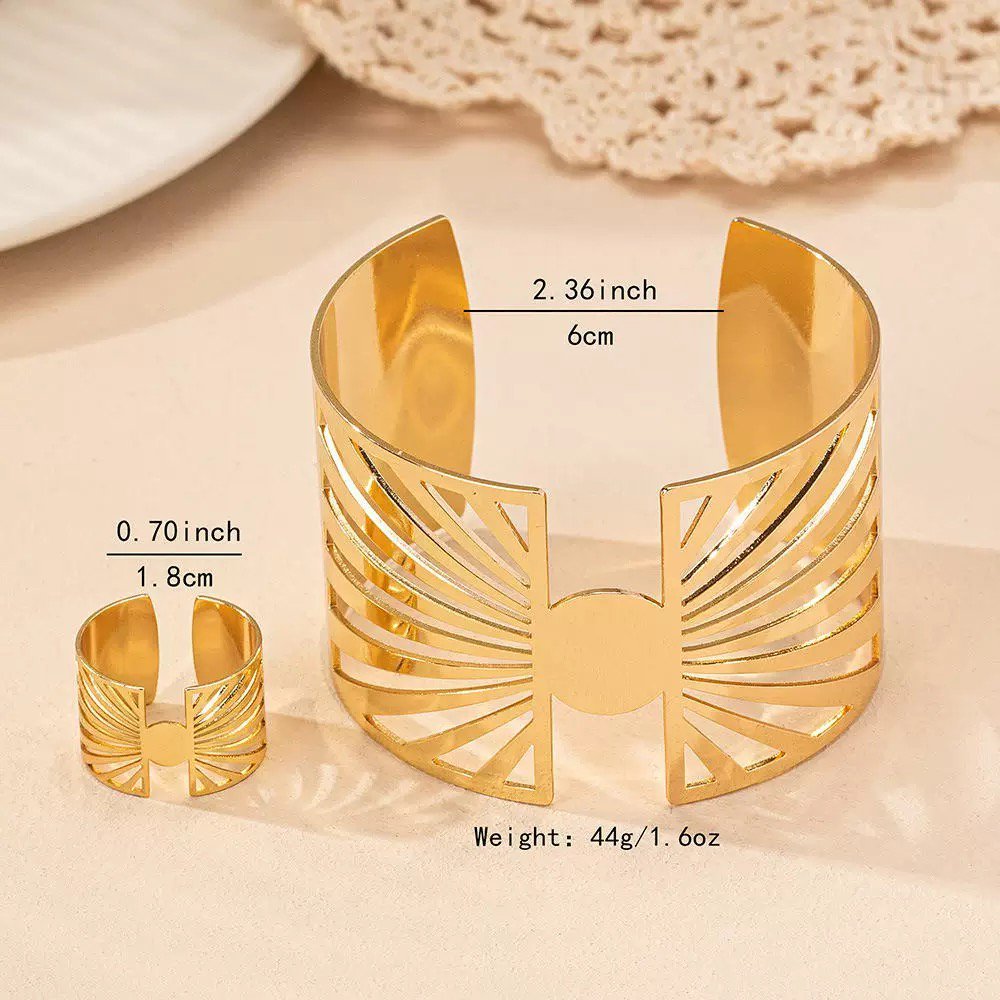 14K Gold Plated Golden Radiance Adjustable Geometric Ring And Cuff Set