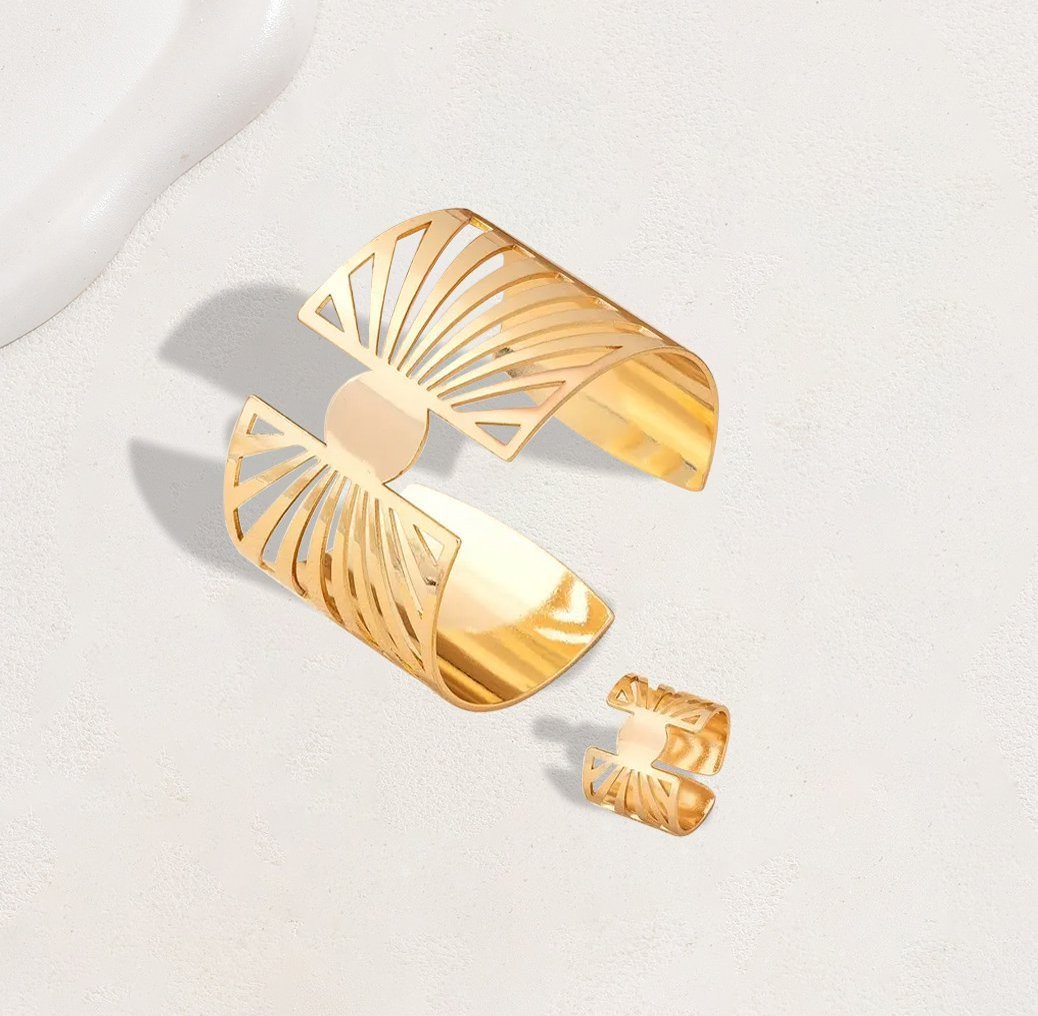 14K Gold Plated Golden Radiance Adjustable Geometric Ring And Cuff Set