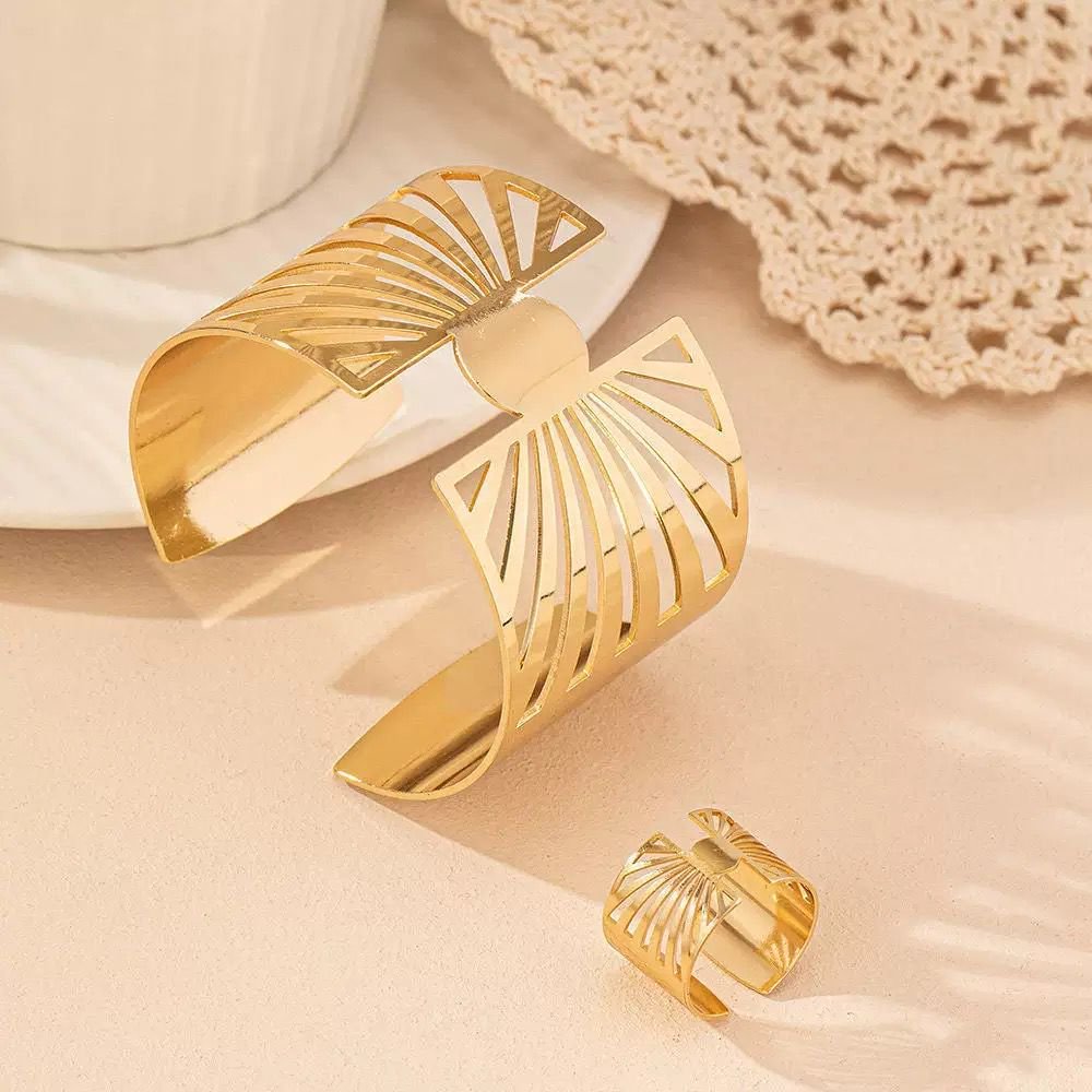 14K Gold Plated Golden Radiance Adjustable Geometric Ring And Cuff Set