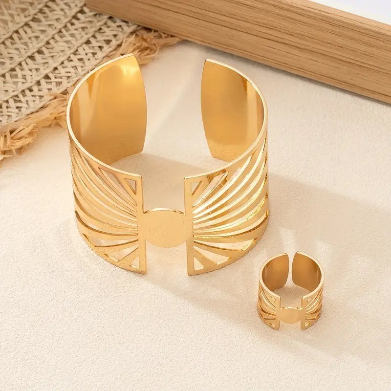 14K Gold Plated Golden Radiance Adjustable Geometric Ring And Cuff Set