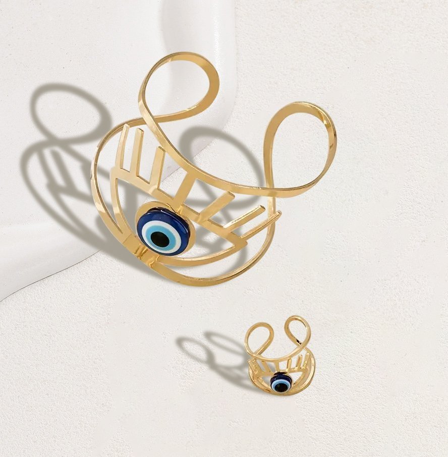 14K Gold Plated Golden Eye Charm Bangle & Ring Set