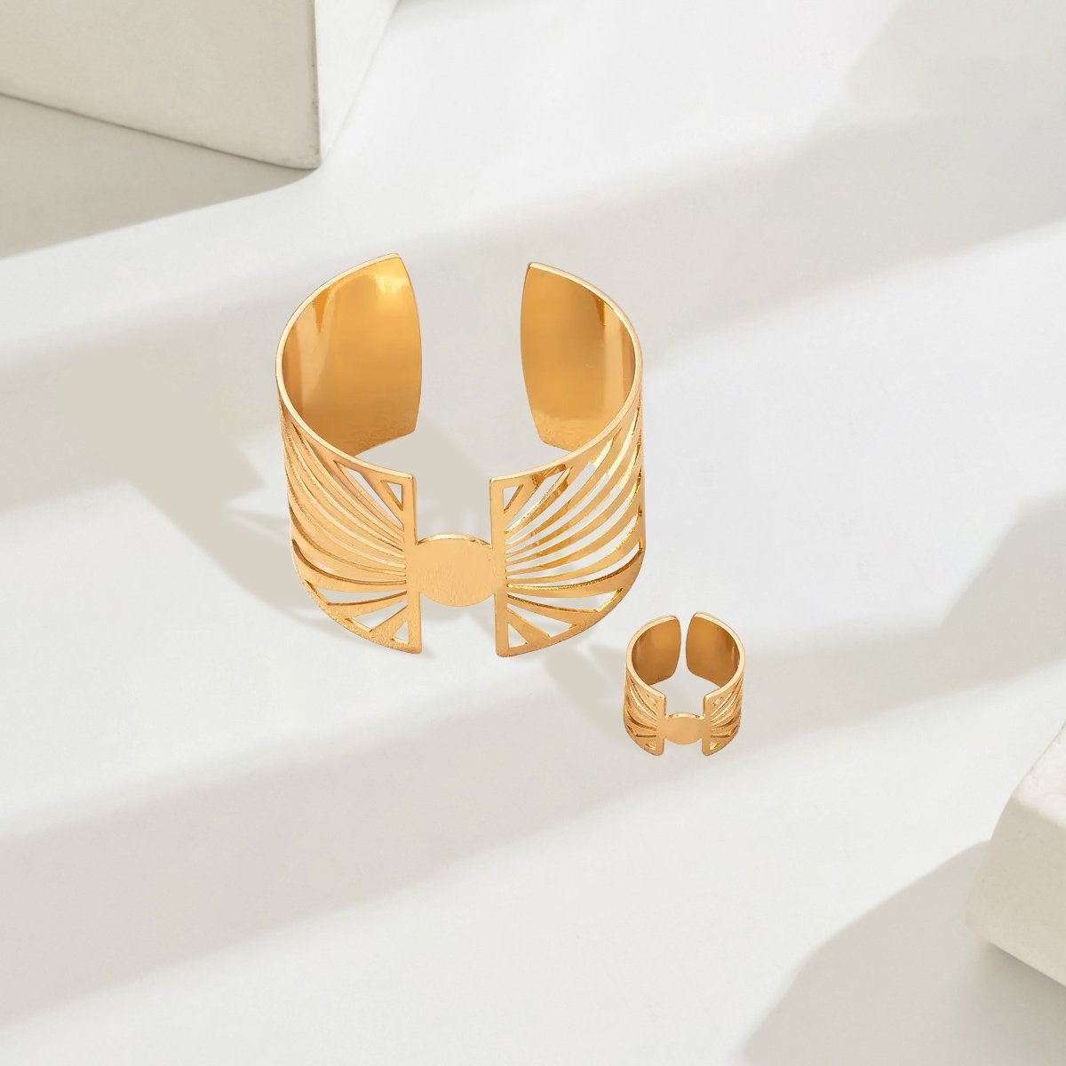 14K Gold Plated Golden Radiance Adjustable Geometric Ring And Cuff Set