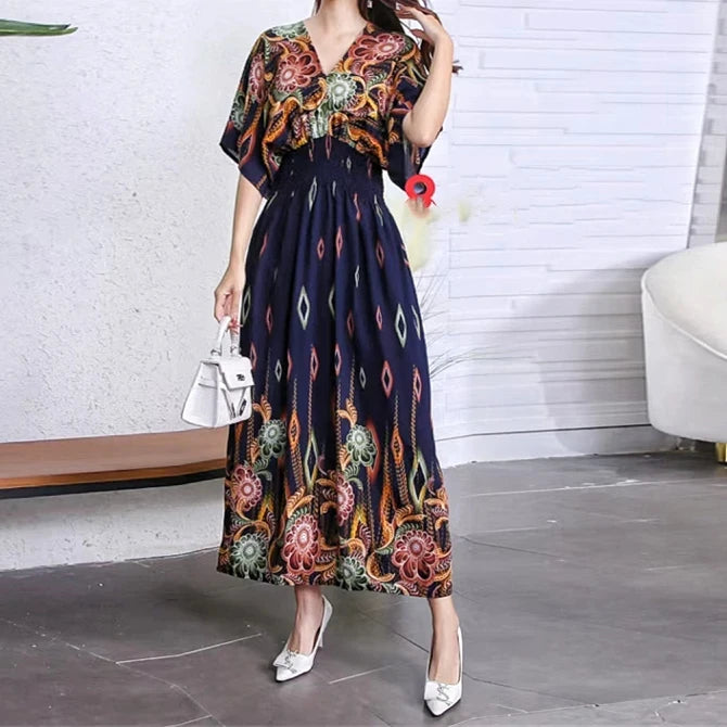 Retro Bohemian V-Neck Swing Maxi Dress