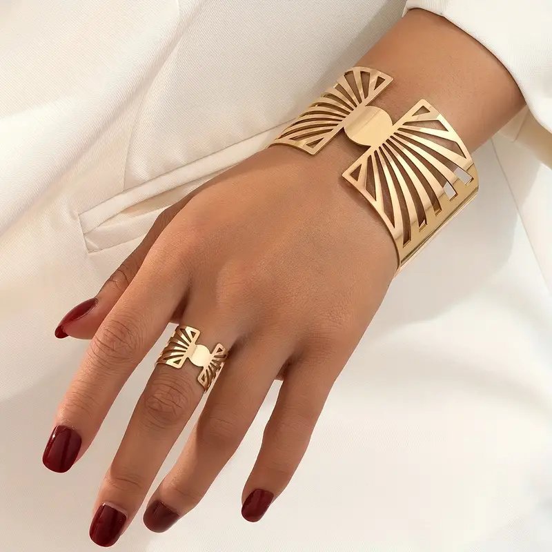 14K Gold Plated Golden Radiance Adjustable Geometric Ring And Cuff Set