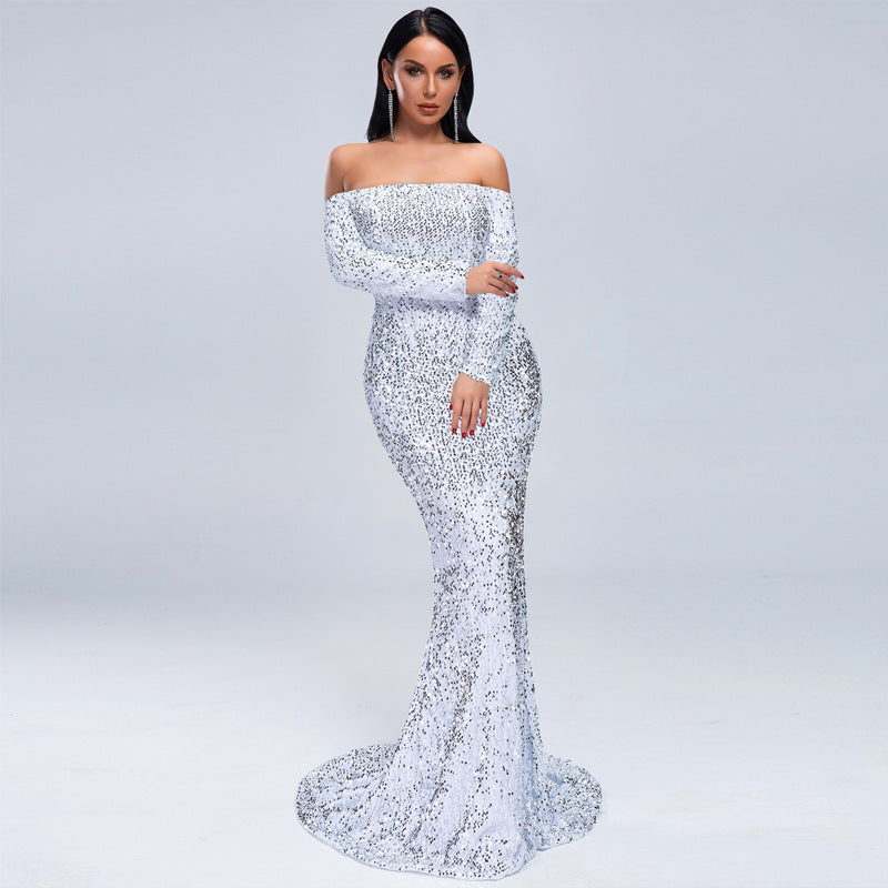 Long Sleeve Sequins Party Evening Dress