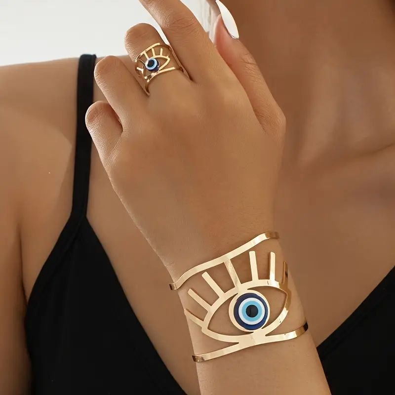 14K Gold Plated Golden Eye Charm Bangle & Ring Set