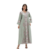 Muslim Women's Wear Robe Printing Hot Bead V-neck Turned Cuff Dress