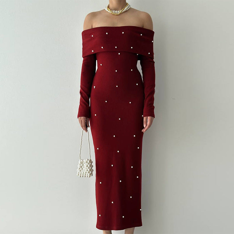 Sexy Beaded Off-shoulder Long Sleeve Dress