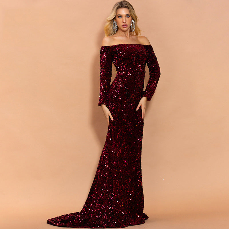 Long Sleeve Sequins Party Evening Dress