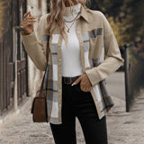 Lapel Pocket Plaid Colorblock Coat