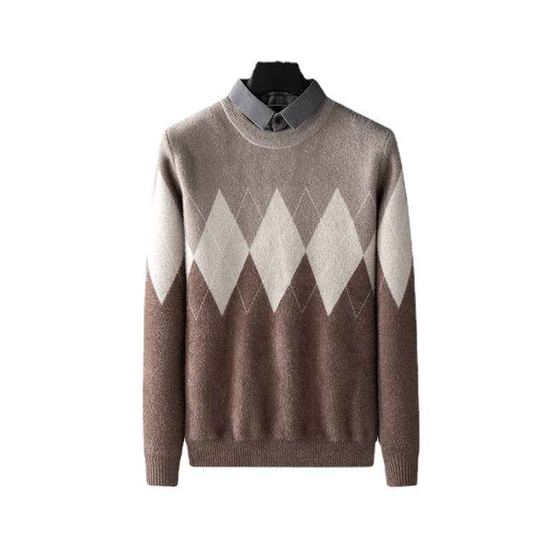 Men's Diamond Block Fake Two-piece Imitation Mink Bottoming Shirt