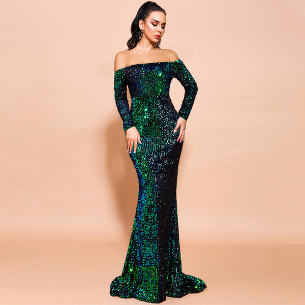 Long Sleeve Sequins Party Evening Dress