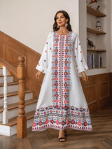 Middle Eastern Muslim Women's Rhinestone Bead Decorative Print And Rolled Up Sleeve Dress