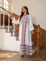 Middle Eastern Muslim Women's Rhinestone Bead Decorative Print And Rolled Up Sleeve Dress