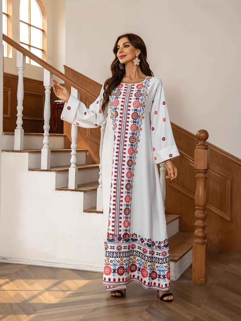 Middle Eastern Muslim Women's Rhinestone Bead Decorative Print And Rolled Up Sleeve Dress