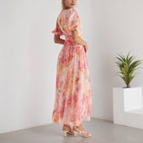 Women's V-neck Short Sleeve Zipper High Waist Print Dress