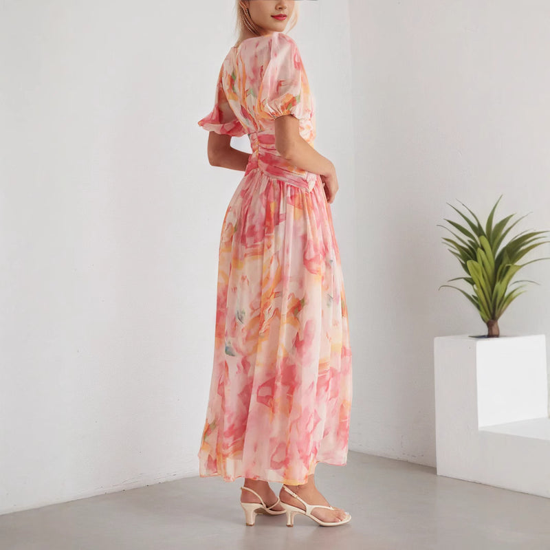 Women's V-neck Short Sleeve Zipper High Waist Print Dress