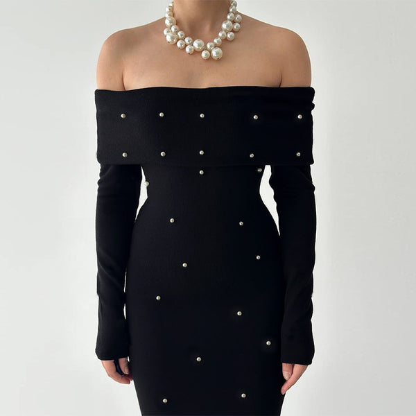 Sexy Beaded Off-shoulder Long Sleeve Dress