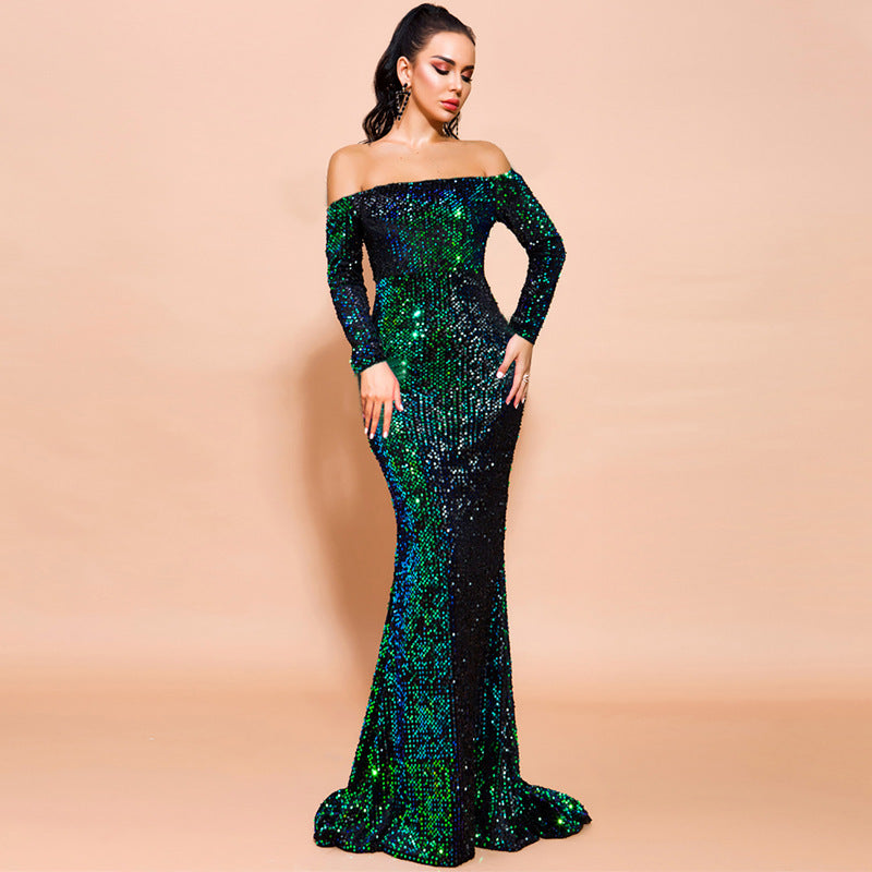 Long Sleeve Sequins Party Evening Dress