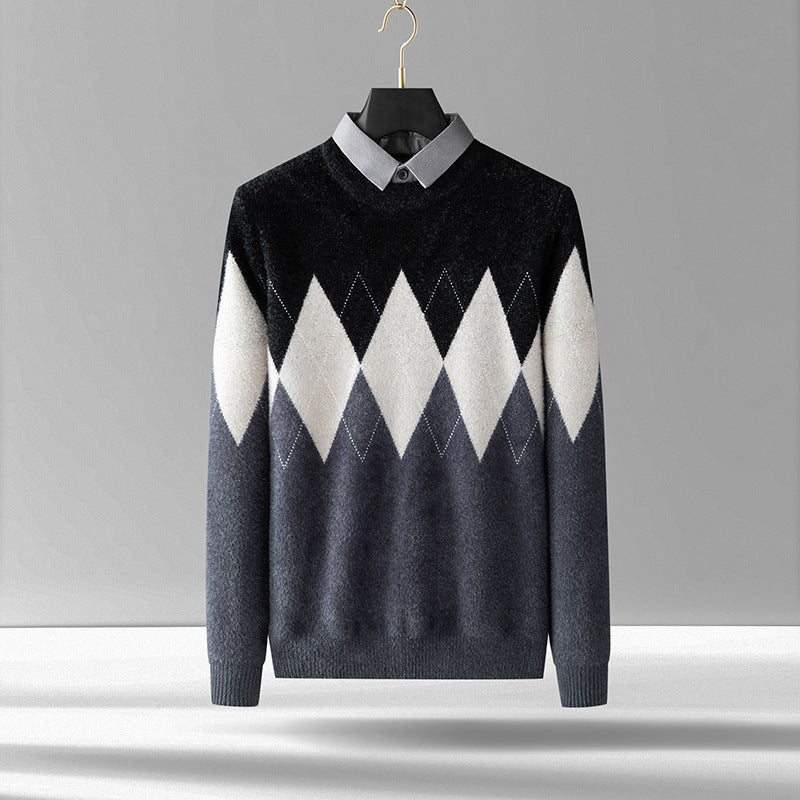 Men's Diamond Block Fake Two-piece Imitation Mink Bottoming Shirt