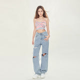 Women's High Waist Light Blue Ripped Wide-legged Jeans