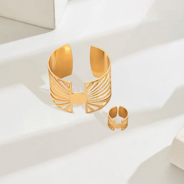 14K Gold Plated Golden Radiance  Adjustable Geometric Ring And Cuff Set