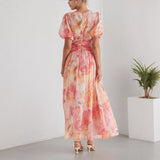 Women's V-neck Short Sleeve Zipper High Waist Print Dress