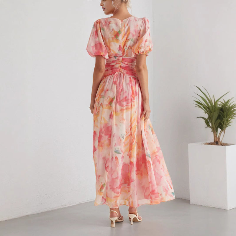 Women's V-neck Short Sleeve Zipper High Waist Print Dress