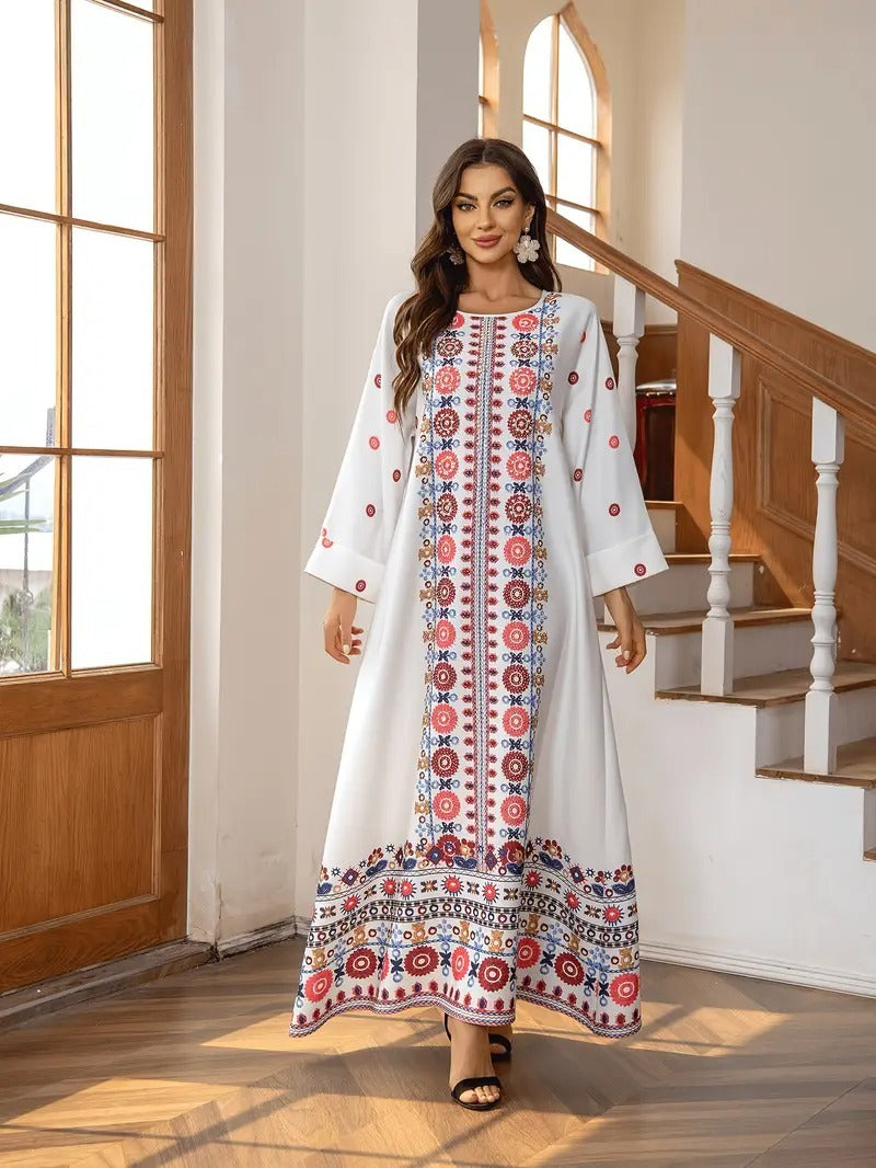 Middle Eastern Muslim Women's Rhinestone Bead Decorative Print And Rolled Up Sleeve Dress