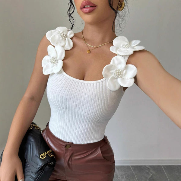 European And American Fashion Casual Three-dimensional Flower Decorative Knitted Sleeveless Top