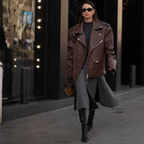 Locomotive Style Zipper Brown Short Suit Leather Coat Women