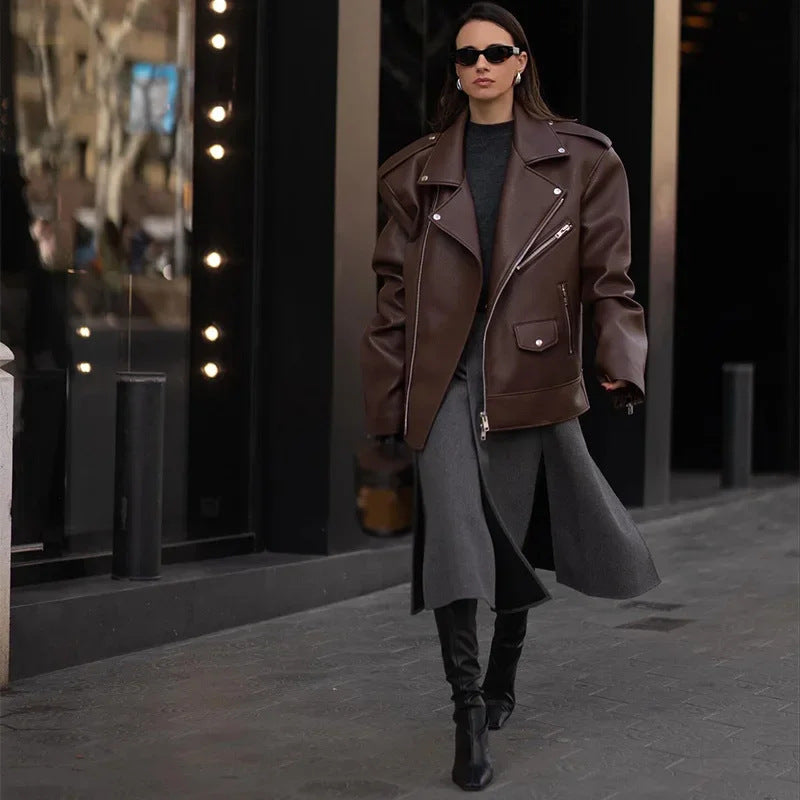 Locomotive Style Zipper Brown Short Suit Leather Coat Women