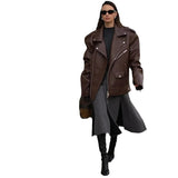 Locomotive Style Zipper Brown Short Suit Leather Coat Women