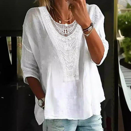 Women's Long-sleeved Lace Patchwork Round Neck Shirt