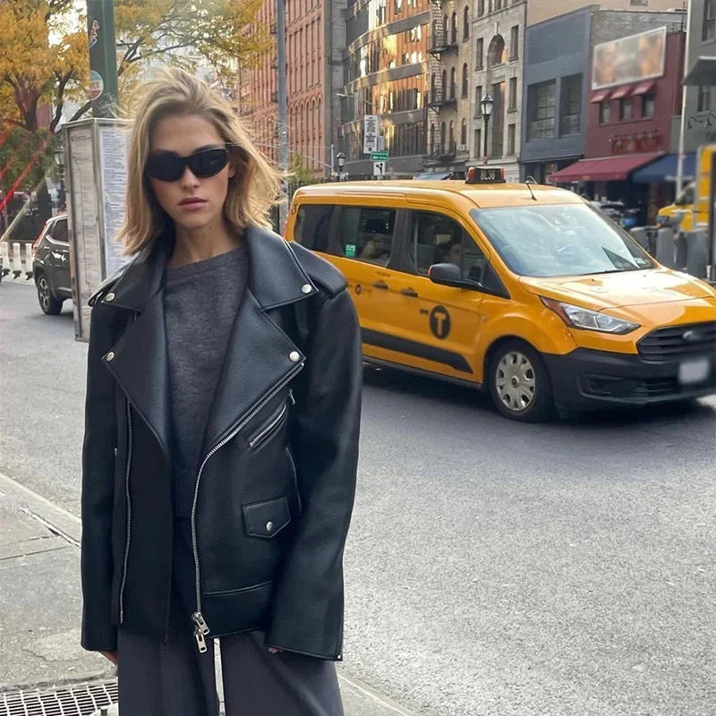 Locomotive Style Zipper Brown Short Suit Leather Coat Women