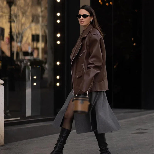 Locomotive Style Zipper Brown Short Suit Leather Coat Women