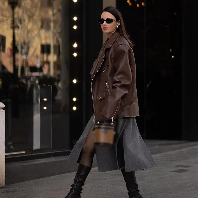 Locomotive Style Zipper Brown Short Suit Leather Coat Women