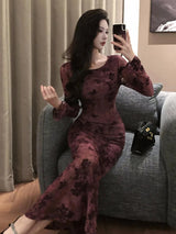Retro Sle round Ne Lace Floing Dyed Print Slimming Fi Tail Long Dr Ele Mature Long Sve  Dr