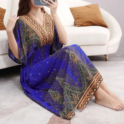 Retro Bohemian V-Neck Swing Maxi Dress