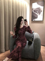 Retro Sle round Ne Lace Floing Dyed Print Slimming Fi Tail Long Dr Ele Mature Long Sve  Dr