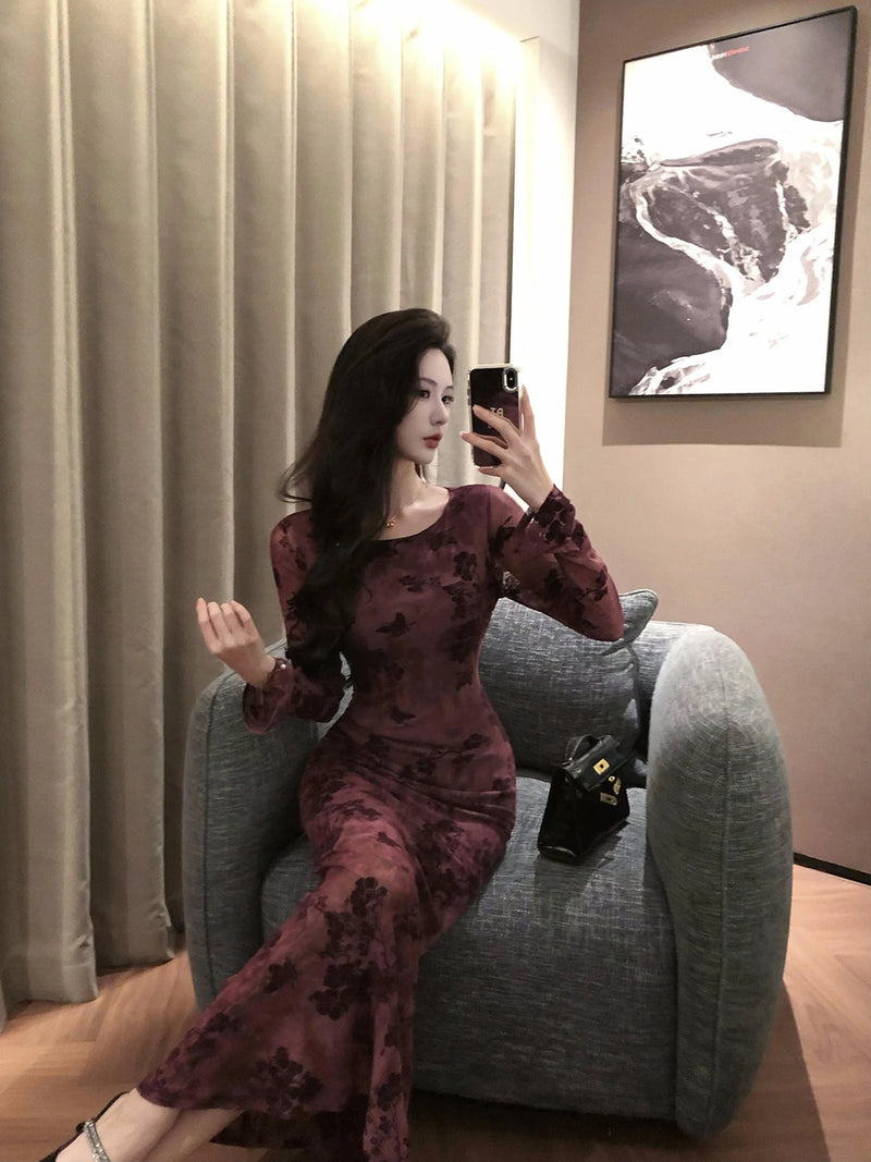 Retro Sle round Ne Lace Floing Dyed Print Slimming Fi Tail Long Dr Ele Mature Long Sve  Dr