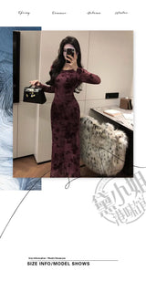 Retro Sle round Ne Lace Floing Dyed Print Slimming Fi Tail Long Dr Ele Mature Long Sve  Dr