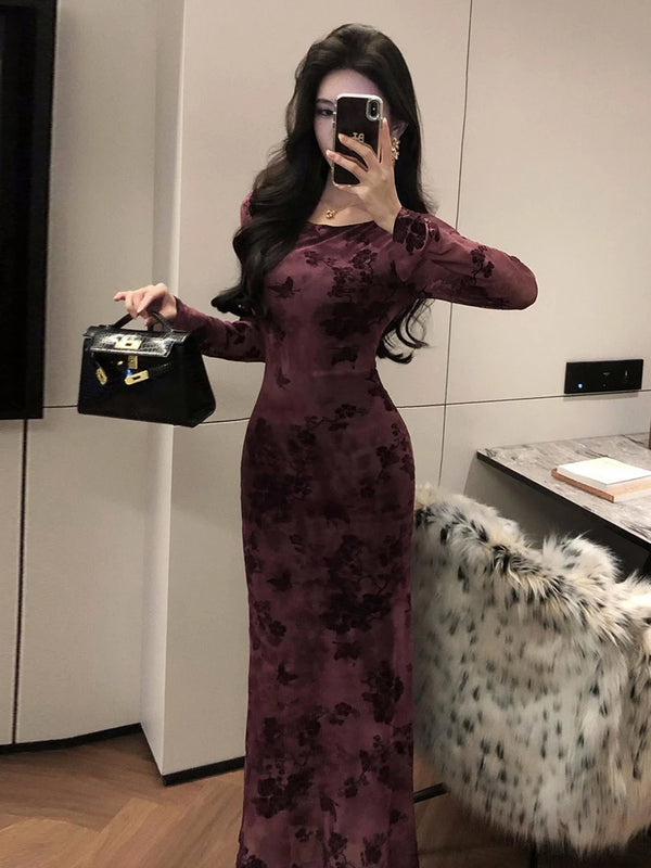 Retro Sle round Ne Lace Floing Dyed Print Slimming Fi Tail Long Dr Ele Mature Long Sve  Dr