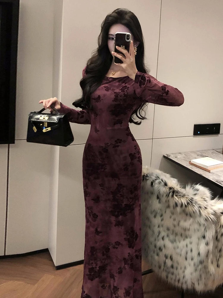 Retro Sle round Ne Lace Floing Dyed Print Slimming Fi Tail Long Dr Ele Mature Long Sve  Dr