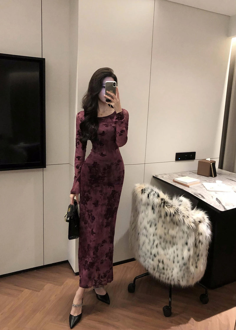 Retro Sle round Ne Lace Floing Dyed Print Slimming Fi Tail Long Dr Ele Mature Long Sve  Dr