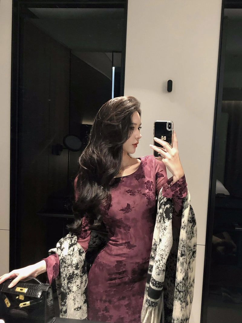 Retro Sle round Ne Lace Floing Dyed Print Slimming Fi Tail Long Dr Ele Mature Long Sve  Dr