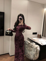 Retro Sle round Ne Lace Floing Dyed Print Slimming Fi Tail Long Dr Ele Mature Long Sve  Dr