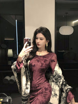 Retro Sle round Ne Lace Floing Dyed Print Slimming Fi Tail Long Dr Ele Mature Long Sve  Dr