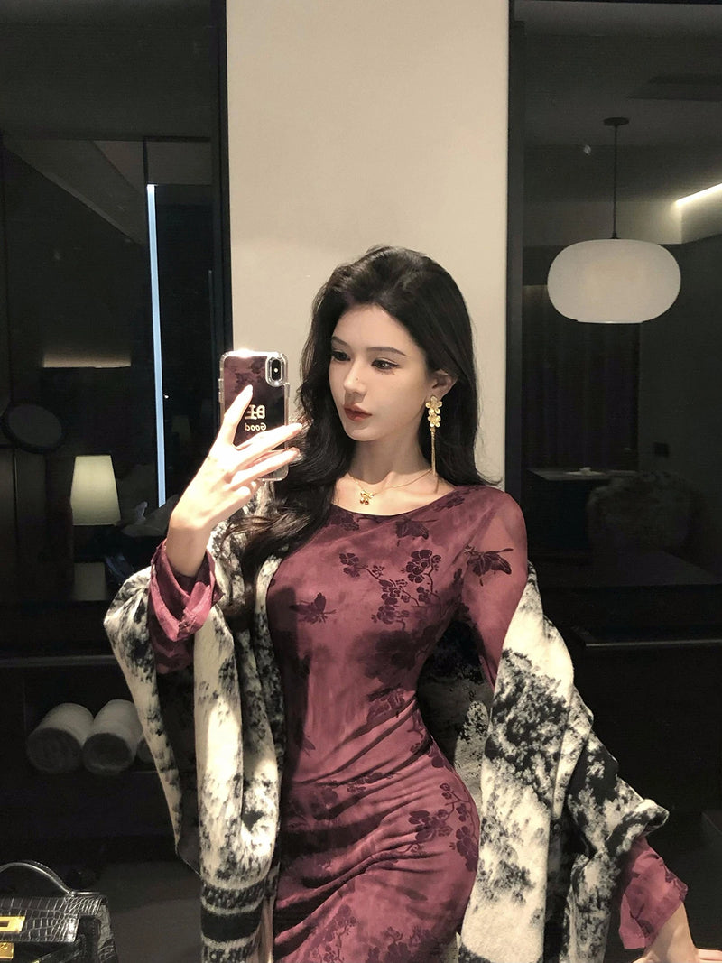 Retro Sle round Ne Lace Floing Dyed Print Slimming Fi Tail Long Dr Ele Mature Long Sve  Dr